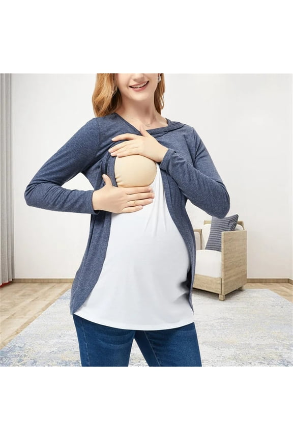 Maternity Shirts for Women 3x Plus Size Nursing Basic Tee - Winter Fall Maternity Crew Neck Top Blue XXL