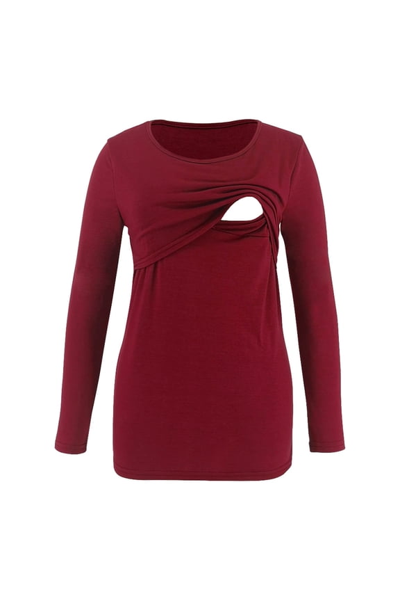 Maternity Shirts for Women 3x Plus Size Pregnancy Cozy Top - Winter Fall Maternity Crew Neck Red XXL