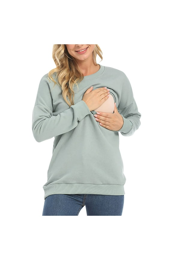 Maternity Shirts for Women 3x Plus Size Pregnancy Staple - Winter Fall Nursing Crew Neck Fashion Comfortable Fit Green S