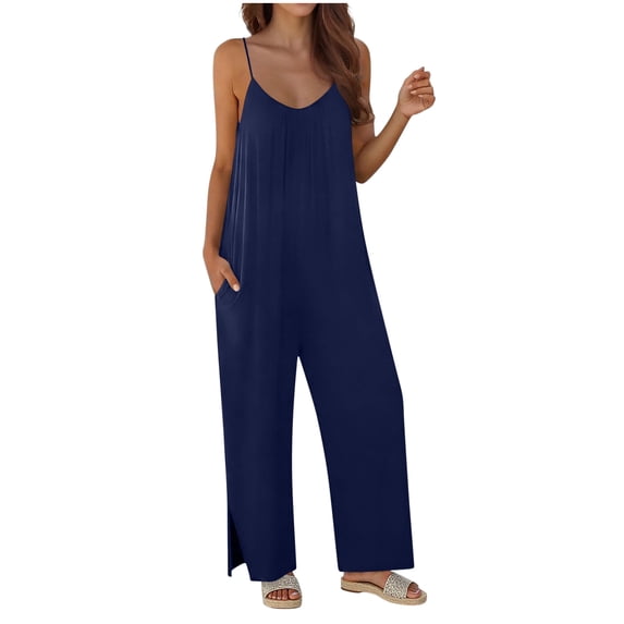 Zyloft Pants for Women Ladies Fashion Women Solid Color Sleeveless Ladies Long Pants Jumpsuit Blue XL