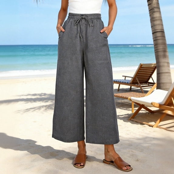 Zyloft Pants for Women Women's Pants Two-tone Linen Elastic Waistband Pockets Loose Casual Wide-Leg Cropped Pants Gray L