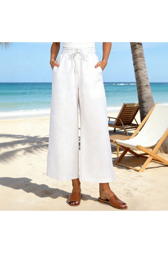 Pants for Women Women's Pants Two-tone Linen Elastic Waistband Pockets Loose Casual Wide-Leg Cropped Pants White M