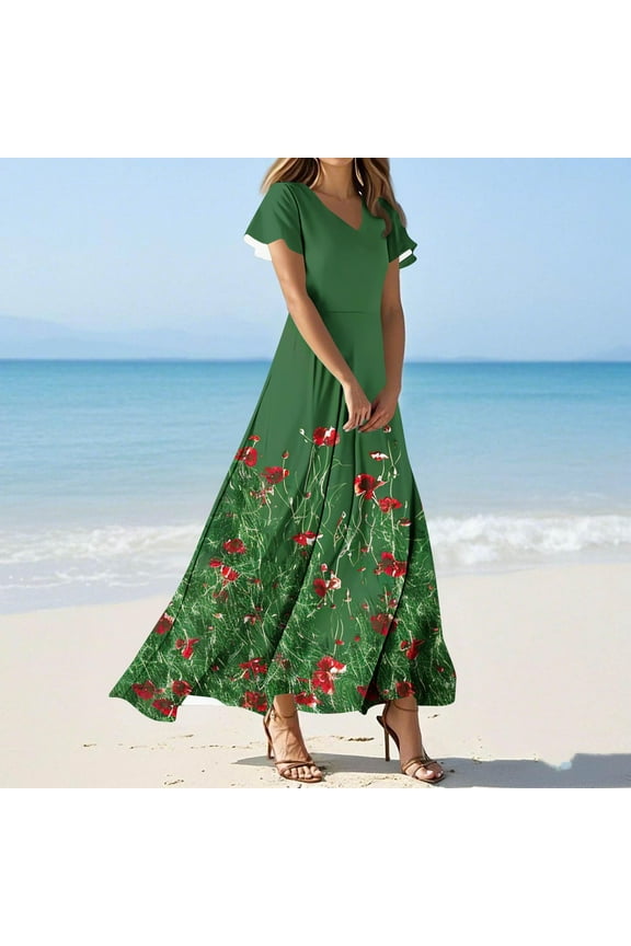 Plus Size Dresses for Women Beach Flare Floral Short Sleeve Ruffled V-Neck Fashionable Waist-Defining Dress Floral Print Dress Multicolor L