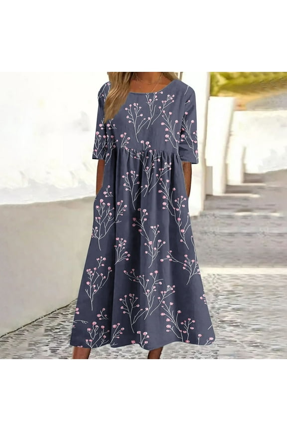 Plus Size Dresses for Women Floral Printed Round Neck Pocket Short Sleeve Pleated Maxi Dress Shift Dress Blue XL