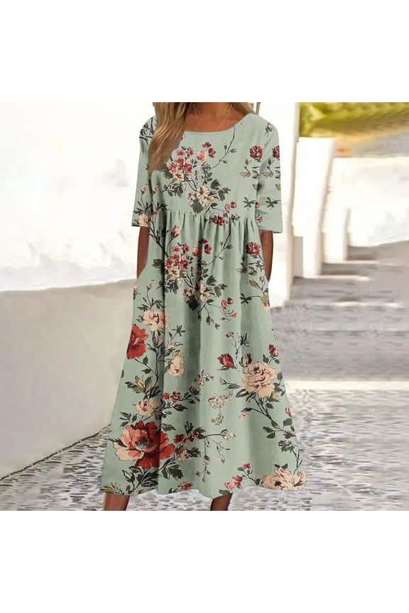 Plus Size Dresses for Women Floral Printed Round Neck Pocket Short Sleeve Pleated Maxi Dress Shift Dress Green XXXL