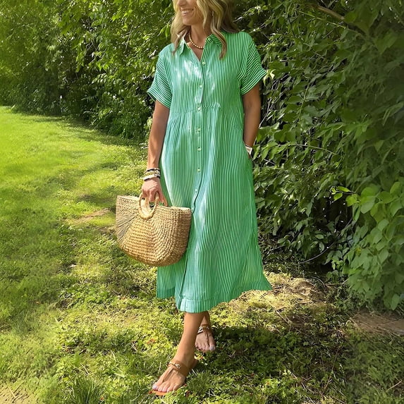 Zyloft Plus Size Dresses for Women Short-Sleeve Collared Button-Front Printed Striped Shift Dress Green XXXXXL