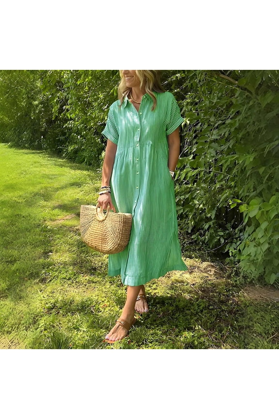 Plus Size Dresses for Women Short-Sleeve Collared Button-Front Printed Striped Shift Dress Green XXXXXL