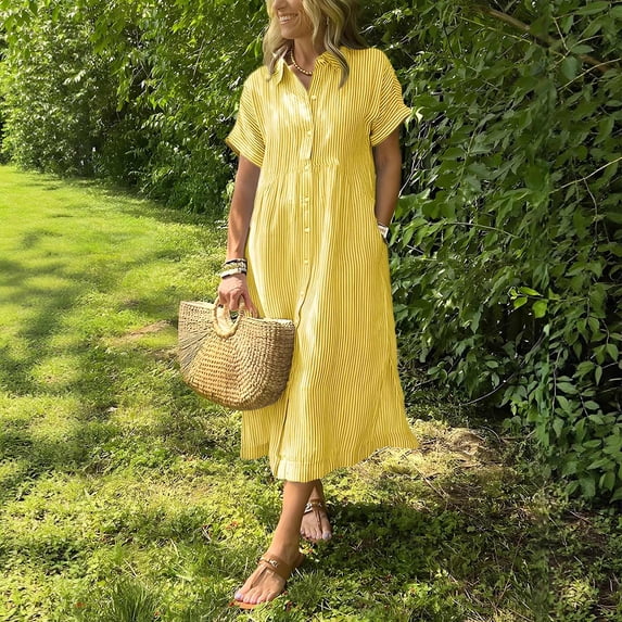 Zyloft Plus Size Dresses for Women Short-Sleeve Collared Button-Front Printed Striped Shift Dress Yellow S