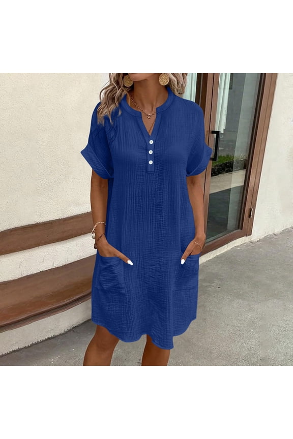 Plus Size Dresses for Women Solid Color V-Neck Button-Up Short Sleeve Midi Shift Dress with Pocket Blue M