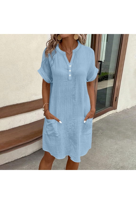 Plus Size Dresses for Women Solid Color V-Neck Button-Up Short Sleeve Midi Shift Dress with Pocket Blue XXL