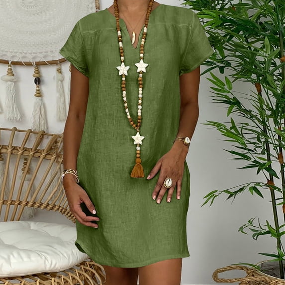 Zyloft Plus Size Dresses for Women Summer Solid-Color Cotton-Linen Blend Short-Sleeve Midi Dress Green XXXXXL