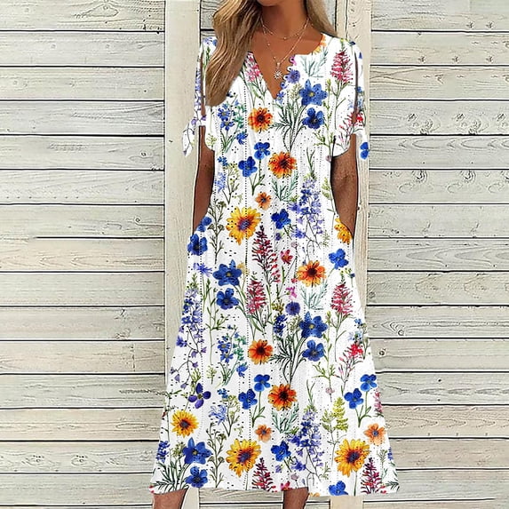 Zyloft Plus Size Dresses for Women Summer V-Neck Short Sleeve Button-Front Floral Print Court-Style Dress Multicolor XXL
