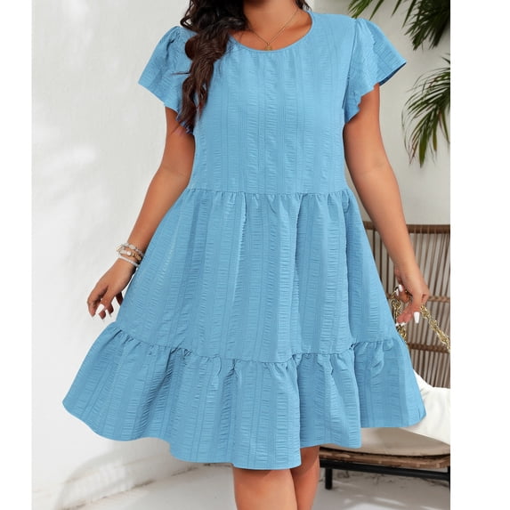 Zyloft Spring Dresses for Women Plus Size Round Neck Ruffled Sleeve Fitted Elegant Dress Blue XXL