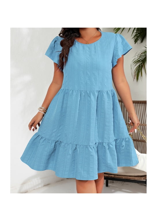 Spring Dresses for Women Plus Size Round Neck Ruffled Sleeve Fitted Elegant Dress Blue XXL