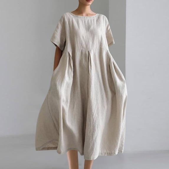 Zyloft Spring Dresses for Women Summer Loose-Fit Plus Size A-Line Skirt Round-Neck Short-Sleeve Solid-Color Shift Dress Gray XXL