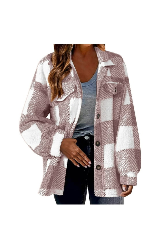 Winter Clothes for Women Blouse Women's Fall and Winter Straight Cardigan Button Pockets Coat Plaid jackets Pink XL Black*Friday/Cyber*Monday Clearance
