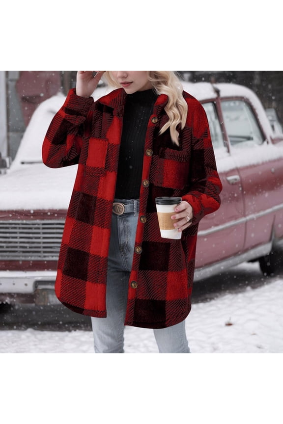 Winter Clothes for Women Sets Women's Long Sleeved Warm Button Plaid Jacket with Lapel and Pockets Tops Red M Black*Friday/Cyber*Monday Clearance