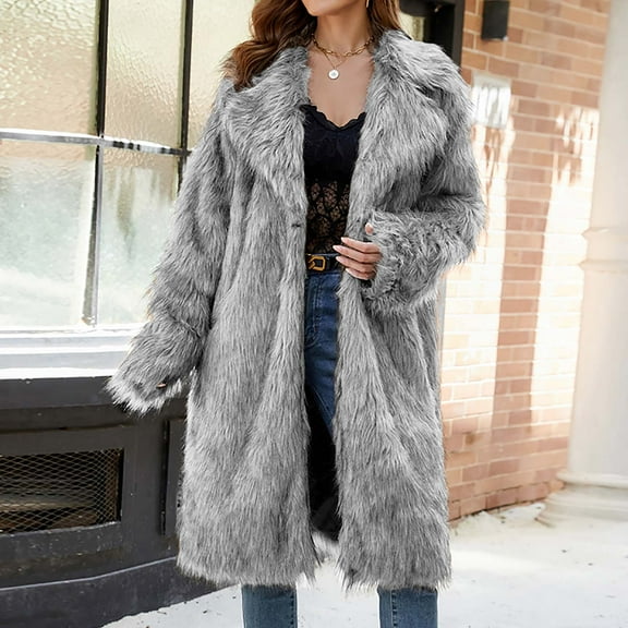 Zyloft Winter Clothes for Women Shirts Womens Ladies Warm Faux Furry Long Coat Jacket Winter Solid Turn-Down Collar Outerwear Gray L Black*Friday/Cyber*Monday Clearance