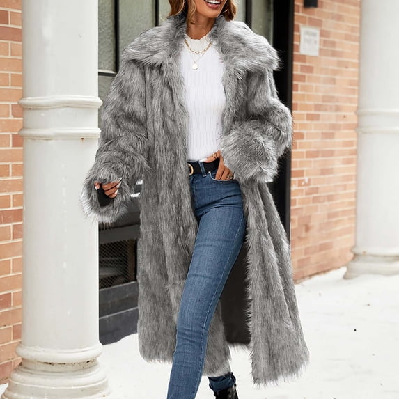 Zyloft Winter Clothes for Womens Clearance Plus Size Womens Ladies Warm Faux Furry Long Coat Jacket Winter Solid Turn-Down Collar Outerwear Gray S Black*Friday/Cyber*Monday Clearance