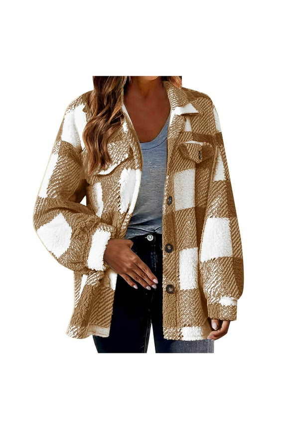 Winter Coats for Women Women's Fall and Winter Straight Cardigan Button Pocket Coat Flannel Jackets Brown S Black*Friday/Cyber*Monday Clearance