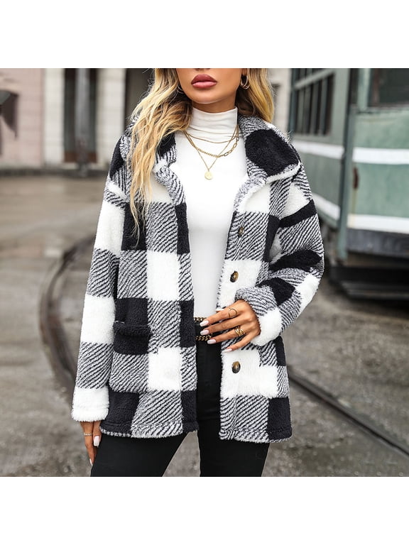 Winter Coats for Women Women's Lapel Double Sided Fleece Pocket Recreational Long Sleeve Tops Flannel Jackets Black S Black*Friday/Cyber*Monday Clearance