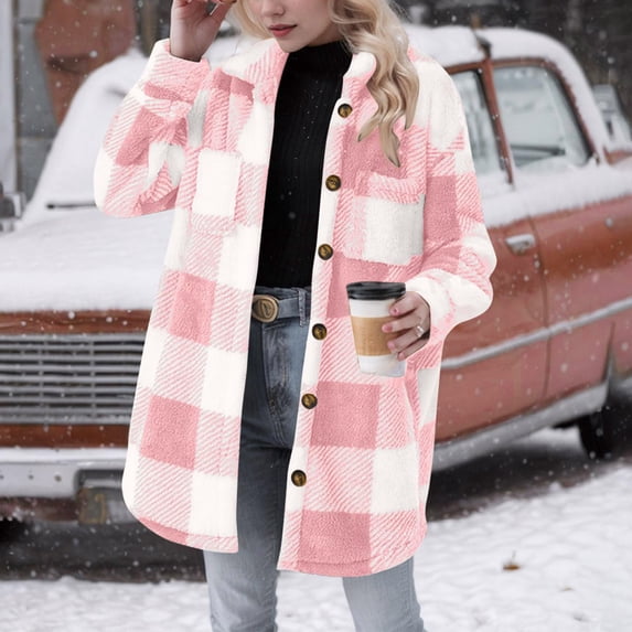 Zyloft Winter Coats for Women Women's Long Sleeved Warm Button Jacket with Plaid Lapel and Pocket Top Flannel Jackets Pink M Black*Friday/Cyber*Monday Clearance