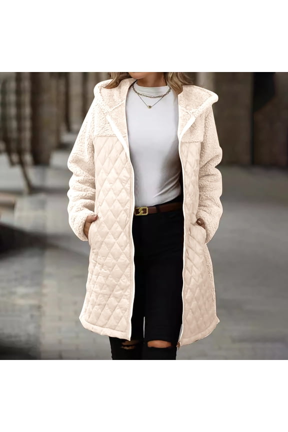 Winter Jackets Women Puffer with Hood Ladies' Trendy Solid Color Zipper Hooded Loose Medium Long Plush Jacket Beige L Black*Friday/Cyber*Monday Clearance