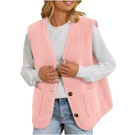Zyloft Womens Jackets and Coats Women Pockets Coat Short Jacket Winter Sleeveless Fleece Button Solid Outerwear Pink S Black*Friday/Cyber*Monday Clearance