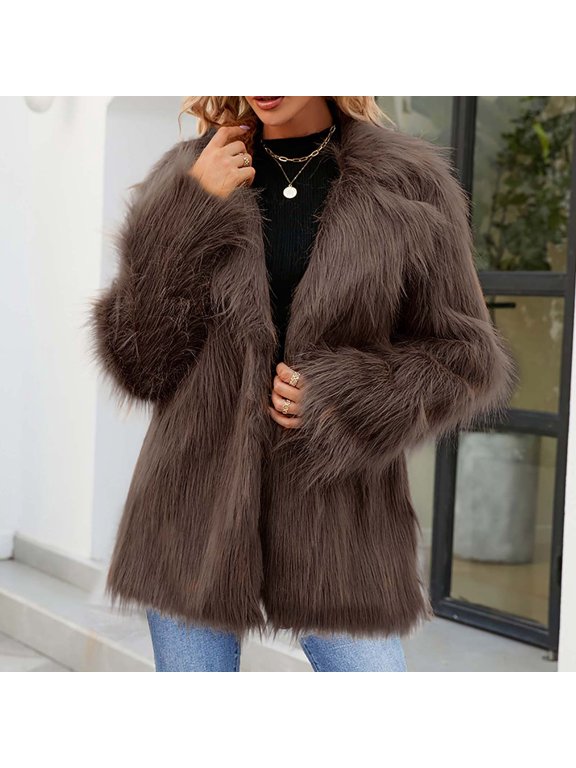 Womens Jackets Lightweight Womens Ladies Warm Faux Furry Long Coat Jacket Winter Solid V-Neck Outerwear Brown S Black*Friday/Cyber*Monday Clearance