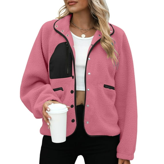 Zyloft Womens Jackets Trendy Women's European and American Solid Color Lamb Wool Jacket Long Sleeved Hooded Casual Jacket/jacket Pink M Black*Friday/Cyber*Monday Clearance