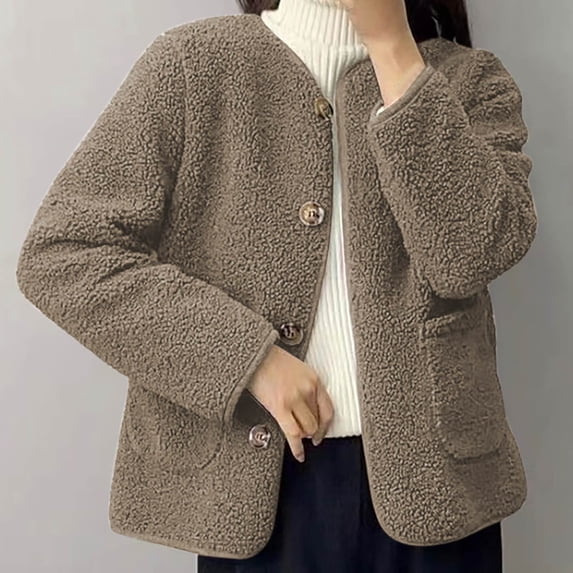 Zyloft Womens Jackets and Coats Women's Fashionable Round Neck Lambhair Loose Tops Jacket Brown XXL Black*Friday/Cyber*Monday Clearance