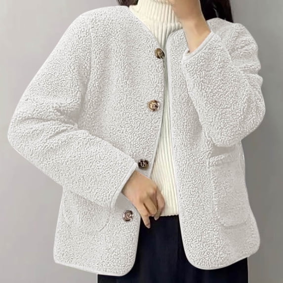 Zyloft Womens Jackets and Coats Women's Fashionable Round Neck Lambhair Loose Tops Jacket White M Black*Friday/Cyber*Monday Clearance