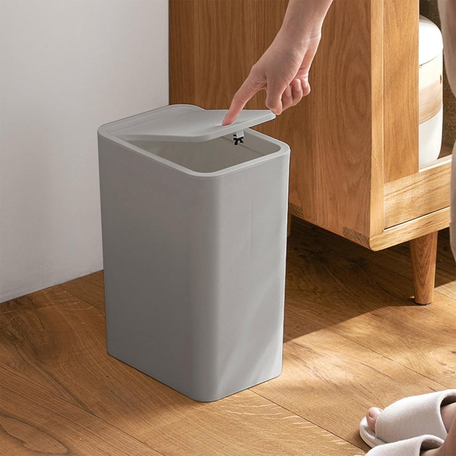 Gray Plastic Press Lid Bathroom Trash Can