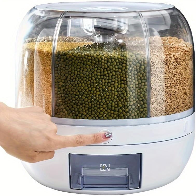 Zynic Food Storage Rice Dispenser Grain Storage Container Dispenser 360°Rotation & One Click Output Grain Container With 6 Compartments Kitchen Household Cereal Dispenser For Small Grains