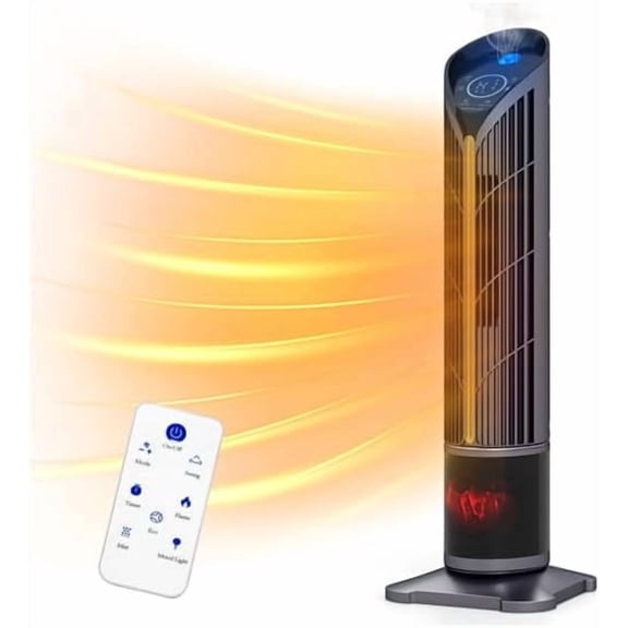 Zynkez 3-in-1 Space Heater with Humidifier, 1500W PTC Ceramic Heater with 3D Flame Effect, Adjustable LED Mist Light, 120° Oscillation, 28" Tower Electric Heater for Indoor Use, Bedroom & Office