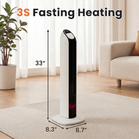Zynkez 34" Tower Space Heater with 3D Flame Effect, 1500W PTC Ceramic Electric Heater, Oscillating, Remote Control, 12-Hour Timer, Safe Portable Heater for Large Rooms, Bedroom & Office (Beige)