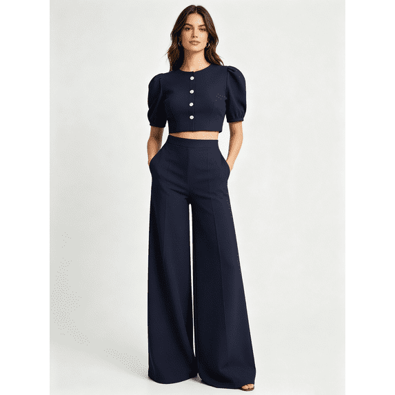 Zynoxe 2 Piece Sets for Women Casual Crew Neck Short Sleeve Crop Top High Waisted Wide Leg Pants Siuit Fashion Elegant Womens Summer Outfits Versatile Solid Color Casual Office Wear S