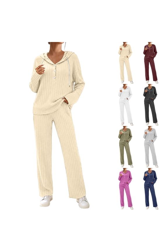 2 Piece Sets for Women Going Out Fashion Button Long Sleeve Hooded Top Wide Leg Pants Suit Soft Stretchy Ribbed Knit Loungewear Set Versatile Solid Color Daily Wear Suit Set 3XL
