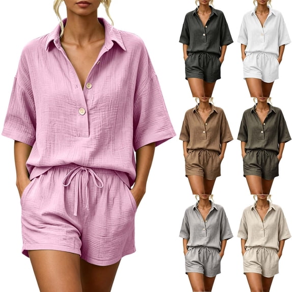 Zynoxe 2 Piece Sets for Women Going Out Fashion Button Down V Neck Short Sleeve Colled Shirt Drawstring Shorts Suit Soft Breathable Cotton Blend Lounge Set Versatile Solid Color Summer Outfits S