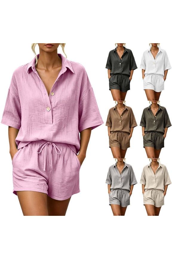 2 Piece Sets for Women Going Out Fashion Button Down V Neck Short Sleeve Colled Shirt Drawstring Shorts Suit Soft Breathable Cotton Blend Lounge Set Versatile Solid Color Summer Outfits XL