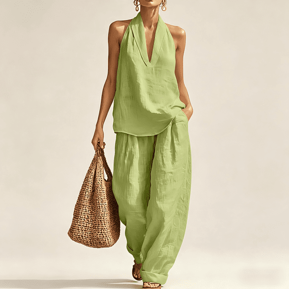 Zynoxe 2 Piece Sets for Women Going Out Women's V Neck Halter Tops Wide Leg Pants Suit with Pockets Casual Loose Solid Color Lounge Set Flowy Breathable Linen Summer Outfits S