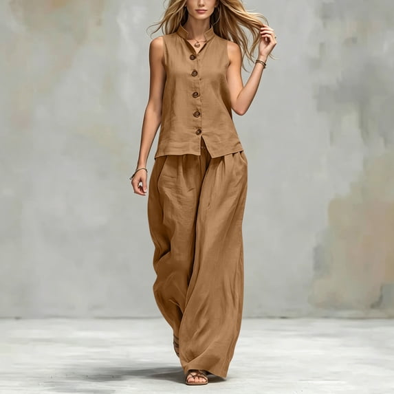 Zynoxe 2 Piece Sets for Women Relaxed Sleeveless Button Down Vest Wide Leg Pants Suit Lightweight Loose Solid Color Lounge Set With Pockets Stylish Versatile Summer Vacation Outfits S