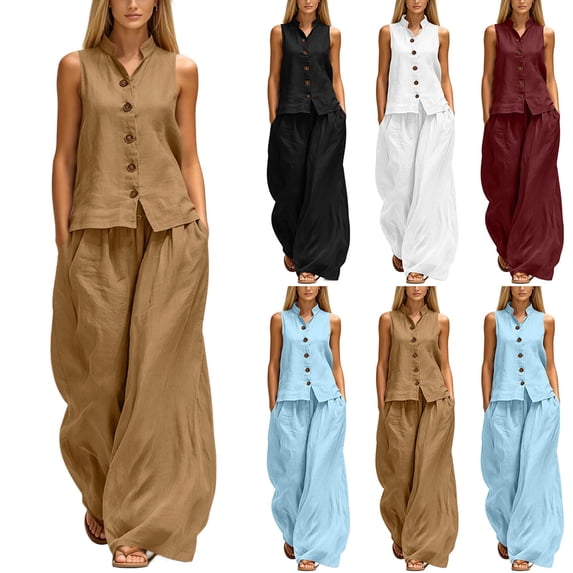 Zynoxe 2 Piece Sets for Women Relaxed Sleeveless Button Down Vest Wide Leg Pants Suit Lightweight Loose Solid Color Lounge Set With Pockets Stylish Versatile Summer Vacation Outfits L