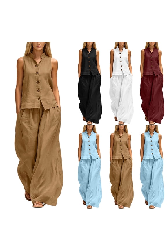 2 Piece Sets for Women Relaxed Sleeveless Button Down Vest Wide Leg Pants Suit Lightweight Loose Solid Color Lounge Set With Pockets Stylish Versatile Summer Vacation Outfits L