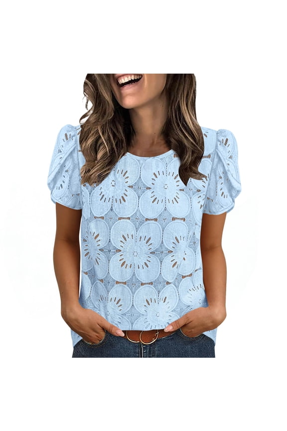 3/4 Length Sleeve Womens Tops Elegant Eyelet Lace Spring Tops for Women Comfortable Classic Crew Neck Ladies Blouses Breathable Casual Solid Color Summer Tops S