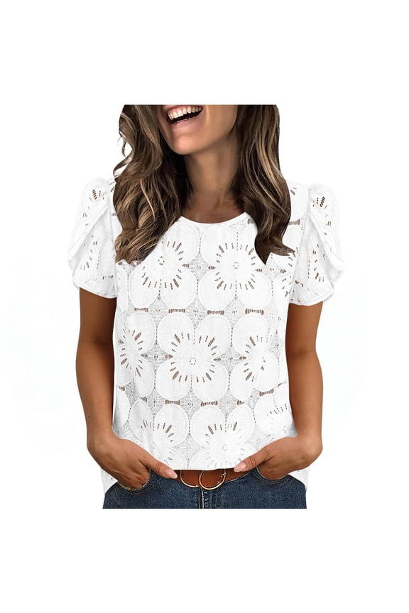 3/4 Length Sleeve Womens Tops Elegant Eyelet Lace Spring Tops for Women Comfortable Classic Crew Neck Ladies Blouses Breathable Casual Solid Color Summer Tops S