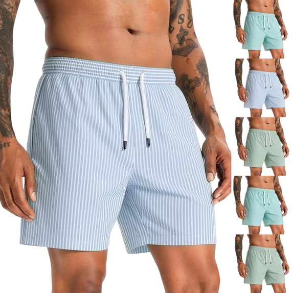 Zynoxe Beach Shorts for Men Casual Vertical Striped Elastic Waist Drawstring Summer Shorts with Pockets Breathable Loose Fit Quick Dry Mens Swim Trunks Light Blue S