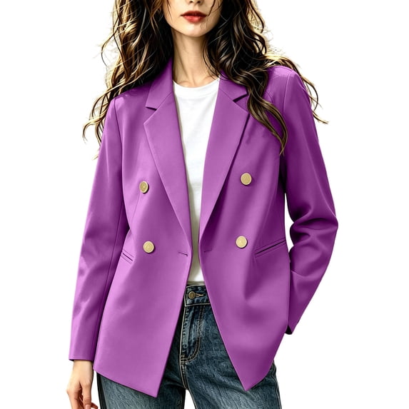 Zynoxe Blazer Jacket for Women Trendy Lapel Double Breasted Open Front Suit Jacket Fall Loose Versatile Business Casual Office Plus Size Jackets with Pockets Purple XL
