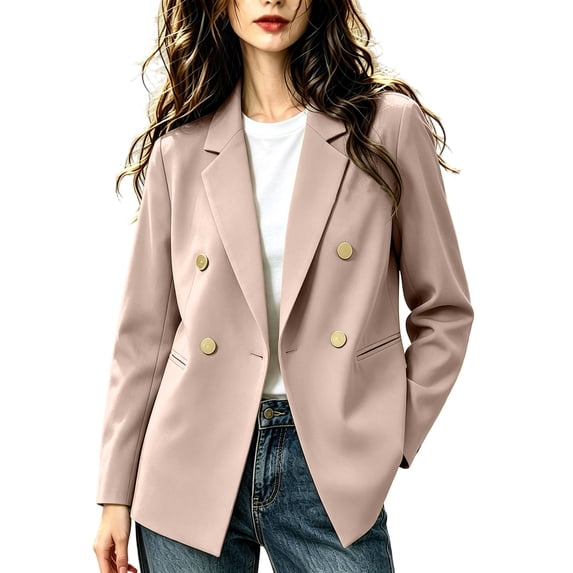 Zynoxe Blazer Jacket for Women Trendy Lapel Double Breasted Open Front Suit Jacket Fall Loose Versatile Business Casual Office Plus Size Jackets with Pockets Khaki S