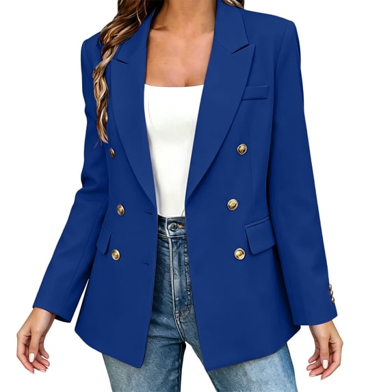 Zynoxe Blazer Jacket for Women Trendy Loose Lapel Double Breasted One Button Business Work Jacket with Pockets Casual Solid Color Versatile Suit Jacket Blue XS
